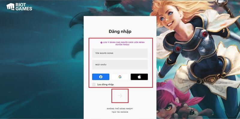 Nhập tên đăng nhập và mật khẩu để tạo tài khoản Riot mới